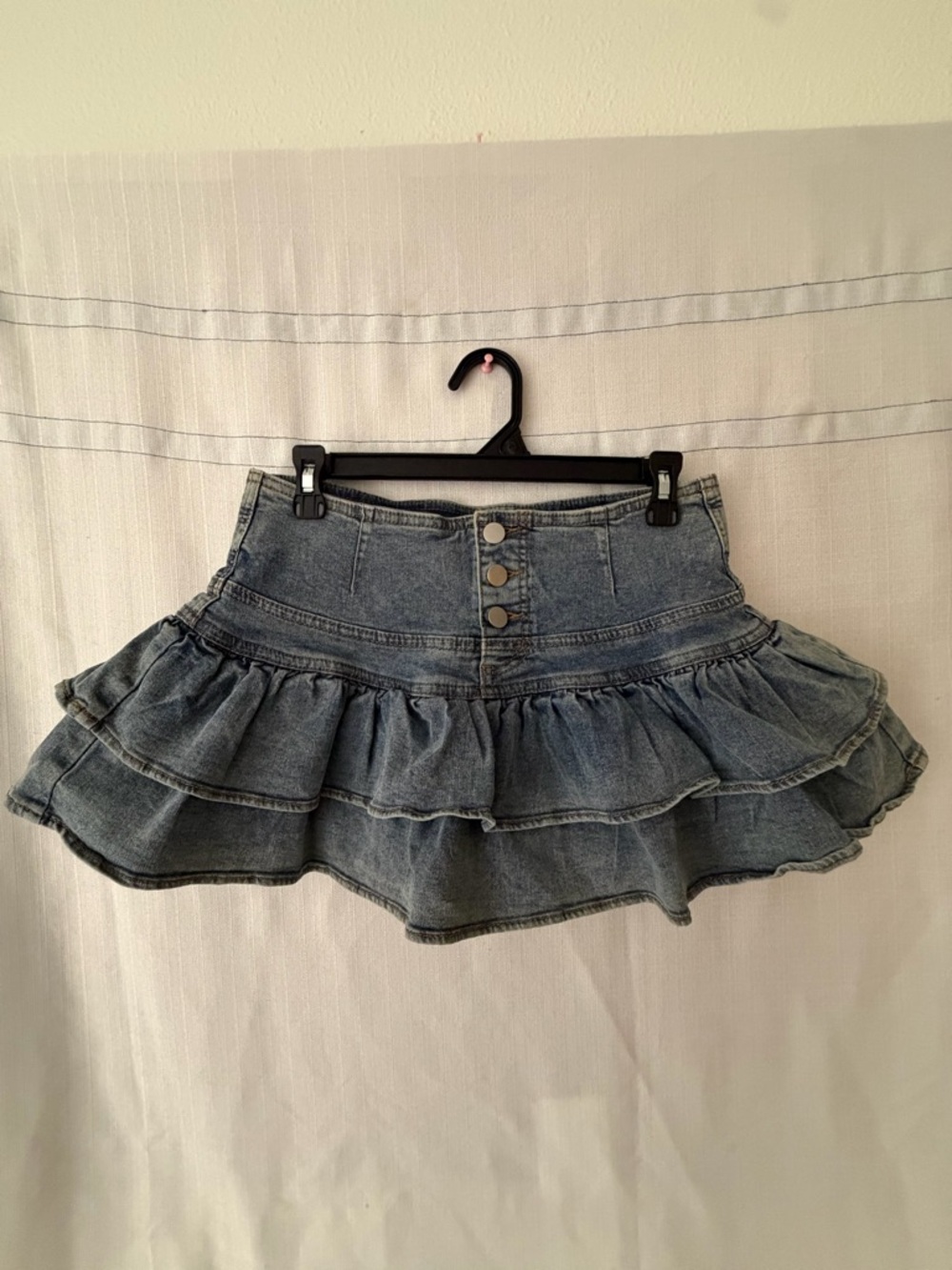 Denim Ruffle Skort women’s Size L High Waist Blue Jean Built-in Shorts (A580)
